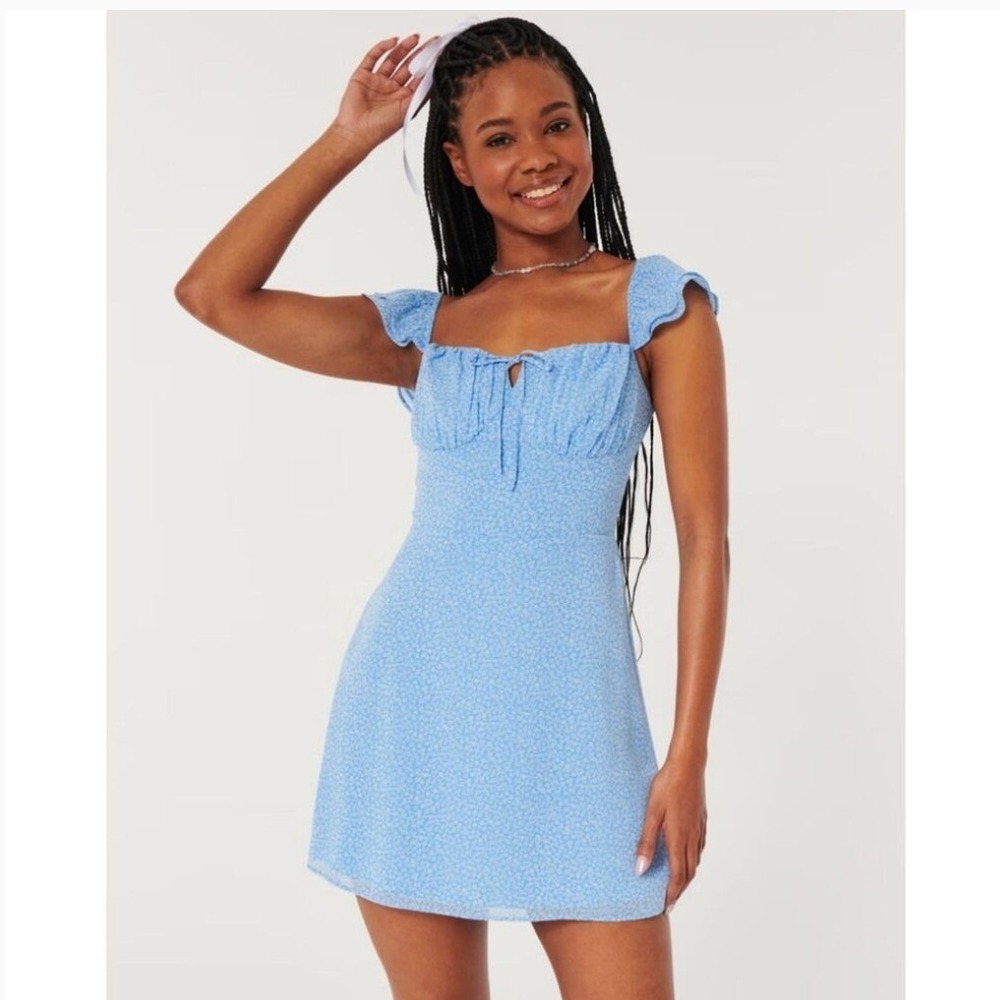 Hollister L Tall Mini Dress Blue Milkmaid Cottagecore‎ Ruffle Sleeve Boho Summer